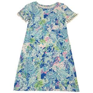 Lilly Pulitzer Lissie Dress Short Sleeve Pima Cotton Blue Pom Pom Tassels XS